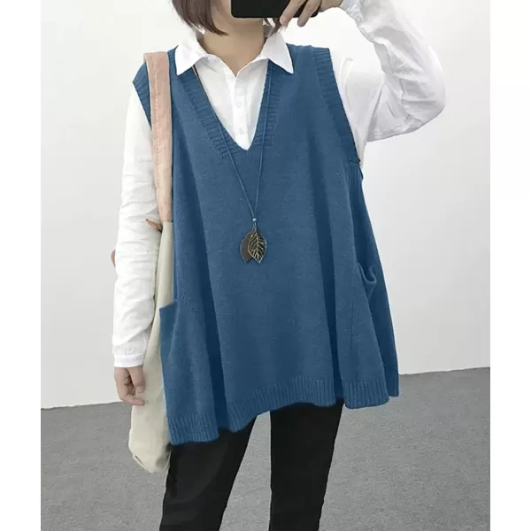 YESNO Women Loose Swing Chunky Cotton Cute Sweater Vests Oversized Cable Knit Pullover Sweaters with Pockets WM9Indigo