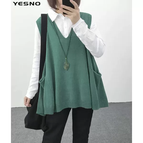 YESNO Women Loose Swing Chunky Cotton Cute Sweater Vests Oversized Cable Knit Pullover Sweaters with Pockets WM9Wm9 Ash Blue