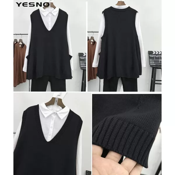 YESNO Women Loose Swing Chunky Cotton Cute Sweater Vests Oversized Cable Knit Pullover Sweaters with Pockets WM9Wm9 Black