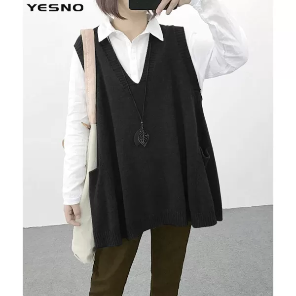 YESNO Women Loose Swing Chunky Cotton Cute Sweater Vests Oversized Cable Knit Pullover Sweaters with Pockets WM9Wm9 Black