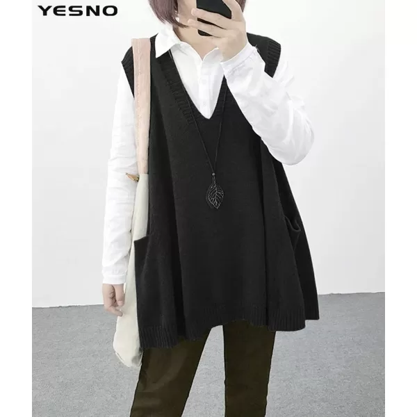 YESNO Women Loose Swing Chunky Cotton Cute Sweater Vests Oversized Cable Knit Pullover Sweaters with Pockets WM9Wm9 Black