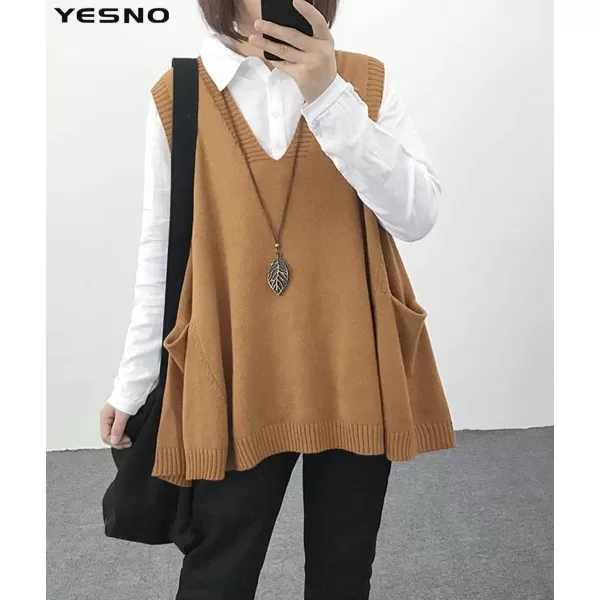 YESNO Women Loose Swing Chunky Cotton Cute Sweater Vests Oversized Cable Knit Pullover Sweaters with Pockets WM9Wm9 Camel