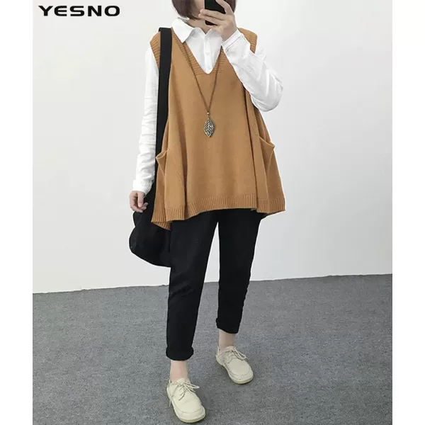 YESNO Women Loose Swing Chunky Cotton Cute Sweater Vests Oversized Cable Knit Pullover Sweaters with Pockets WM9Wm9 Camel