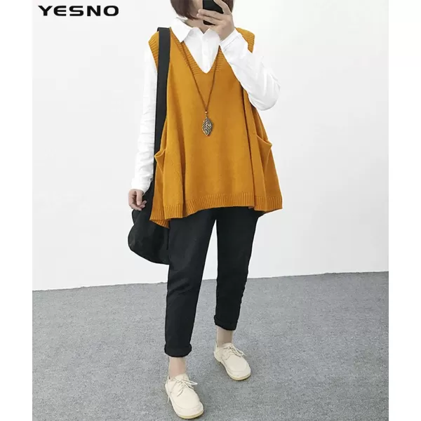 YESNO Women Loose Swing Chunky Cotton Cute Sweater Vests Oversized Cable Knit Pullover Sweaters with Pockets WM9Wm9 Ginger