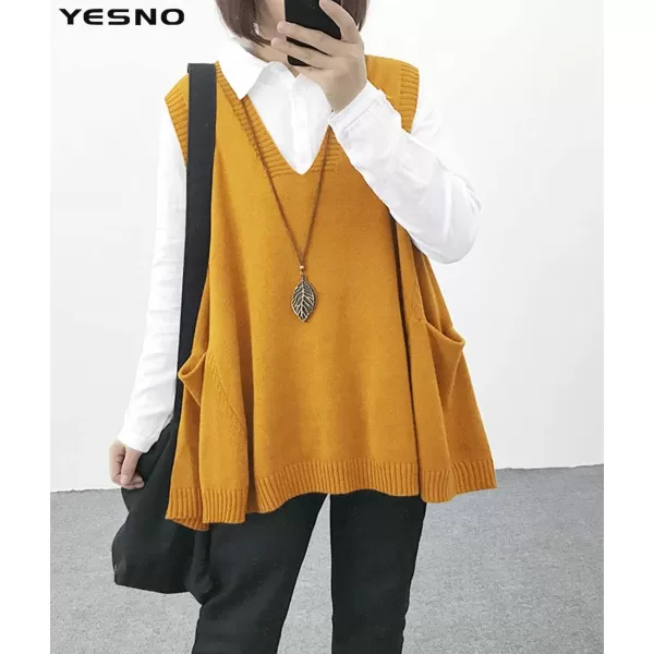 YESNO Women Loose Swing Chunky Cotton Cute Sweater Vests Oversized Cable Knit Pullover Sweaters with Pockets WM9Wm9 Ginger