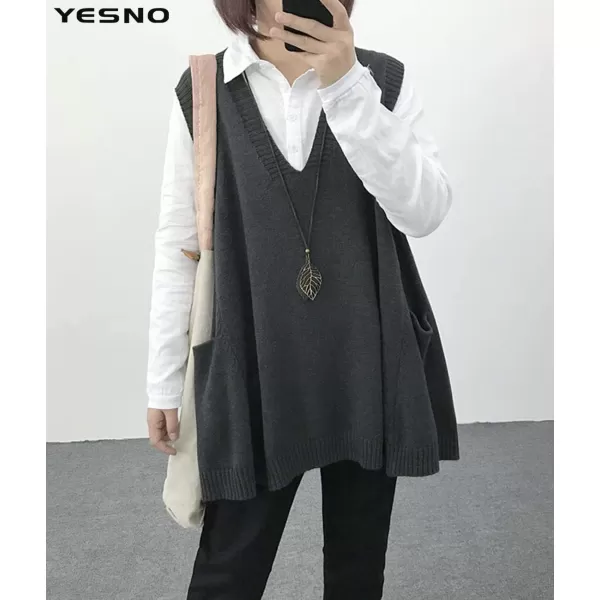 YESNO Women Loose Swing Chunky Cotton Cute Sweater Vests Oversized Cable Knit Pullover Sweaters with Pockets WM9Wm9 Gray