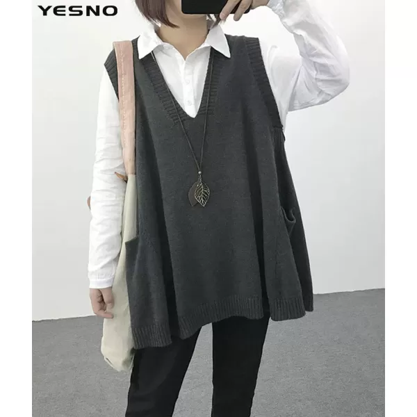 YESNO Women Loose Swing Chunky Cotton Cute Sweater Vests Oversized Cable Knit Pullover Sweaters with Pockets WM9Wm9 Gray