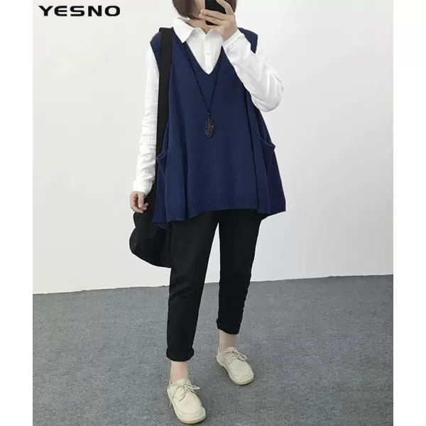 YESNO Women Loose Swing Chunky Cotton Cute Sweater Vests Oversized Cable Knit Pullover Sweaters with Pockets WM9Wm9 Navy Blue