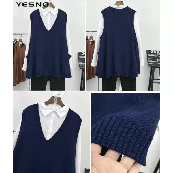 YESNO Women Loose Swing Chunky Cotton Cute Sweater Vests Oversized Cable Knit Pullover Sweaters with Pockets WM9Wm9 Navy Blue