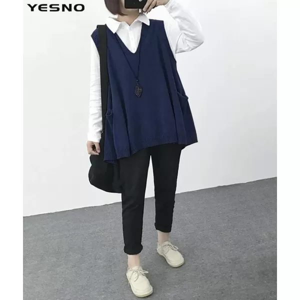 YESNO Women Loose Swing Chunky Cotton Cute Sweater Vests Oversized Cable Knit Pullover Sweaters with Pockets WM9Wm9 Navy Blue