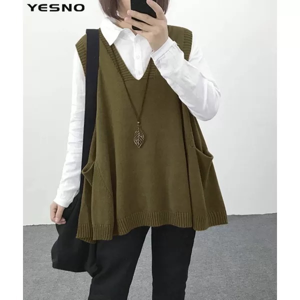 YESNO Women Loose Swing Chunky Cotton Cute Sweater Vests Oversized Cable Knit Pullover Sweaters with Pockets WM9Wm9 Olive