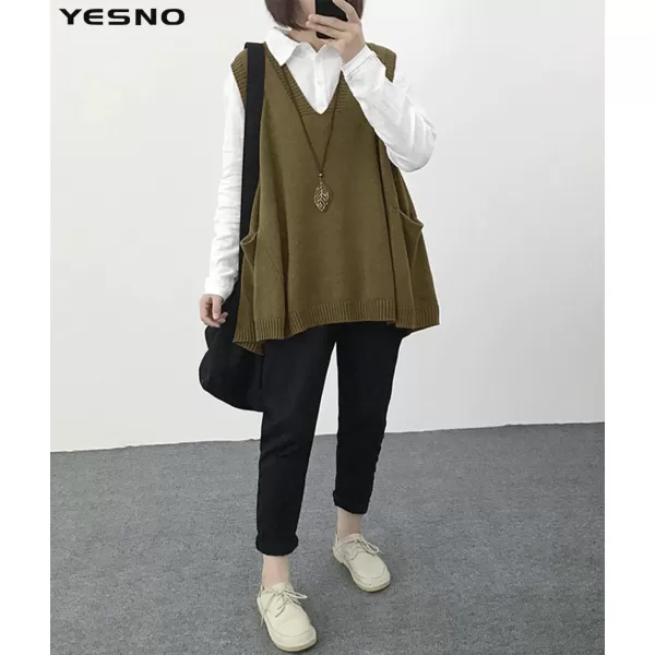 YESNO Women Loose Swing Chunky Cotton Cute Sweater Vests Oversized Cable Knit Pullover Sweaters with Pockets WM9Wm9 Olive