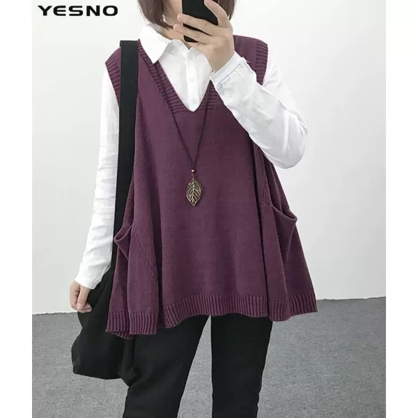 YESNO Women Loose Swing Chunky Cotton Cute Sweater Vests Oversized Cable Knit Pullover Sweaters with Pockets WM9Wm9 Purple