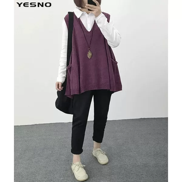 YESNO Women Loose Swing Chunky Cotton Cute Sweater Vests Oversized Cable Knit Pullover Sweaters with Pockets WM9Wm9 Purple