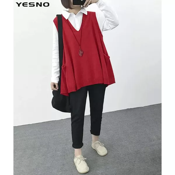 YESNO Women Loose Swing Chunky Cotton Cute Sweater Vests Oversized Cable Knit Pullover Sweaters with Pockets WM9Wm9 Red