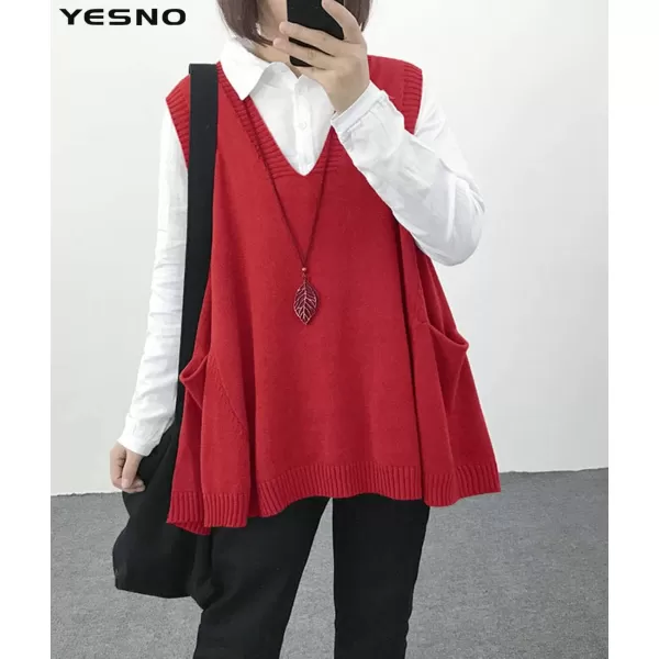 YESNO Women Loose Swing Chunky Cotton Cute Sweater Vests Oversized Cable Knit Pullover Sweaters with Pockets WM9Wm9 Red