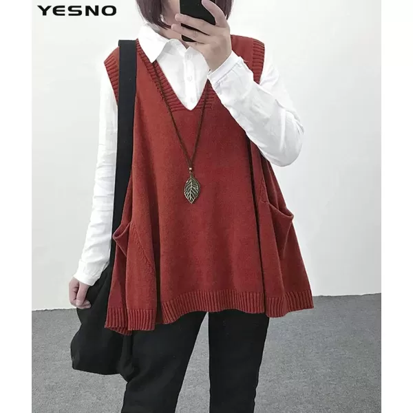 YESNO Women Loose Swing Chunky Cotton Cute Sweater Vests Oversized Cable Knit Pullover Sweaters with Pockets WM9Wm9 Rust