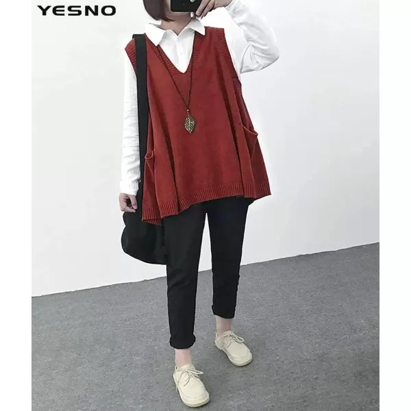 YESNO Women Loose Swing Chunky Cotton Cute Sweater Vests Oversized Cable Knit Pullover Sweaters with Pockets WM9Wm9 Rust