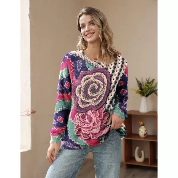 YESNO Women Sweater Graphic Oversized Pullover Sweaters Casual Loose Long Sleeve Knit Tops S01Floral 170