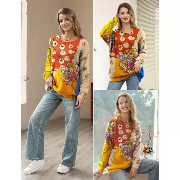 YESNO Women Sweater Graphic Oversized Pullover Sweaters Casual Loose Long Sleeve Knit Tops S01Floral 173