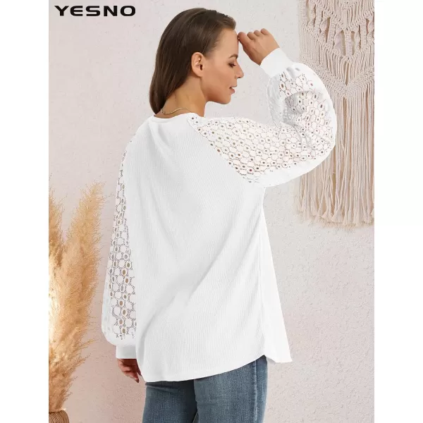 YESNO Women Trendy Blouses Casual Loose Knit Tops Pullover HollowOut Lace Long Sleeve Shirts TY31ty3 White