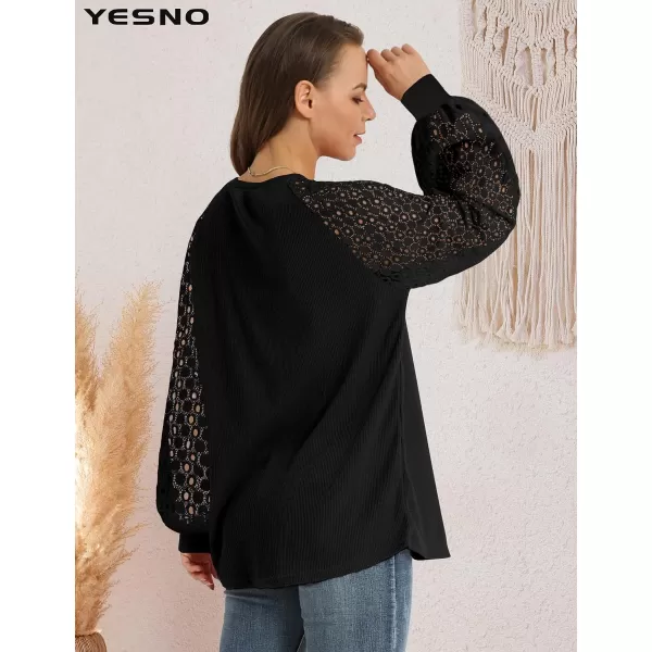 YESNO Women Trendy Blouses Casual Loose Knit Tops Pullover HollowOut Lace Long Sleeve Shirts TY3Ty3 Black