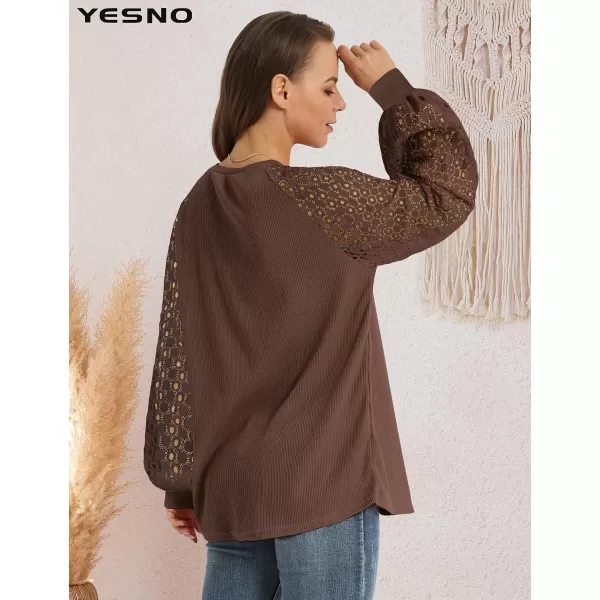 YESNO Women Trendy Blouses Casual Loose Knit Tops Pullover HollowOut Lace Long Sleeve Shirts TY3Ty3 Coffee