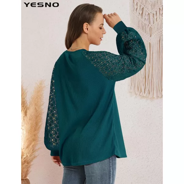 YESNO Women Trendy Blouses Casual Loose Knit Tops Pullover HollowOut Lace Long Sleeve Shirts TY3Ty3 Darkgreen