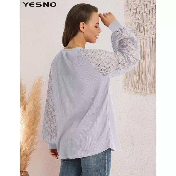 YESNO Women Trendy Blouses Casual Loose Knit Tops Pullover HollowOut Lace Long Sleeve Shirts TY3Ty3 Gray