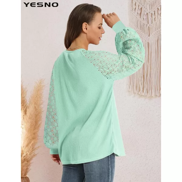 YESNO Women Trendy Blouses Casual Loose Knit Tops Pullover HollowOut Lace Long Sleeve Shirts TY3Ty3 Green