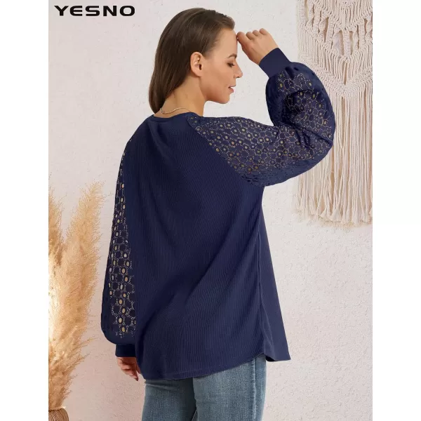 YESNO Women Trendy Blouses Casual Loose Knit Tops Pullover HollowOut Lace Long Sleeve Shirts TY3Ty3 Navy Blue