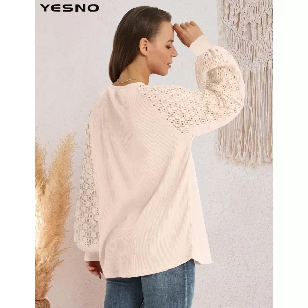 YESNO Women Trendy Blouses Casual Loose Knit Tops Pullover HollowOut Lace Long Sleeve Shirts TY3Ty3 Oatmeal