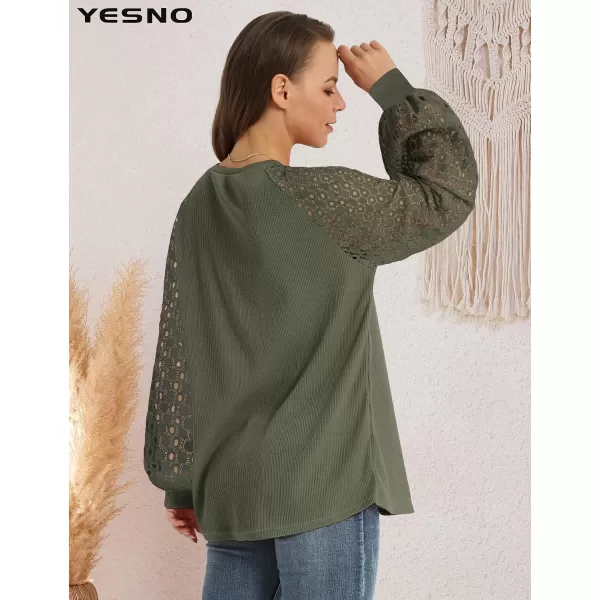 YESNO Women Trendy Blouses Casual Loose Knit Tops Pullover HollowOut Lace Long Sleeve Shirts TY3Ty3 Olive Green