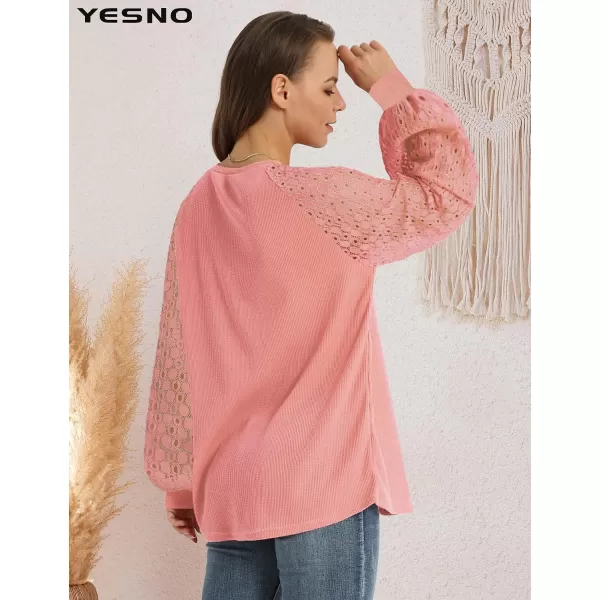 YESNO Women Trendy Blouses Casual Loose Knit Tops Pullover HollowOut Lace Long Sleeve Shirts TY3Ty3 Pink