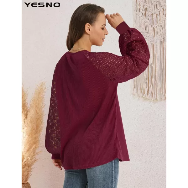 YESNO Women Trendy Blouses Casual Loose Knit Tops Pullover HollowOut Lace Long Sleeve Shirts TY3Ty3 Wine Red