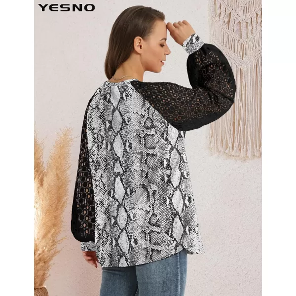 YESNO Women Trendy Blouses Casual Loose Knit Tops Pullover HollowOut Lace Long Sleeve Shirts TY3V10snake Print