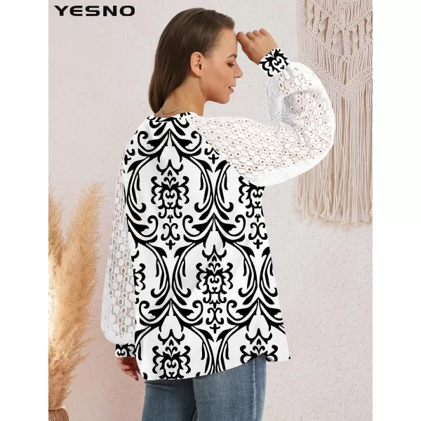 YESNO Women Trendy Blouses Casual Loose Knit Tops Pullover HollowOut Lace Long Sleeve Shirts TY3V1white Black