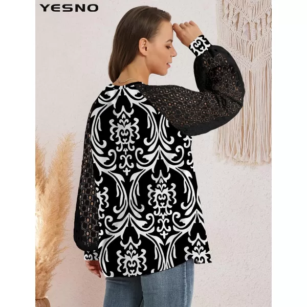 YESNO Women Trendy Blouses Casual Loose Knit Tops Pullover HollowOut Lace Long Sleeve Shirts TY3V2black White