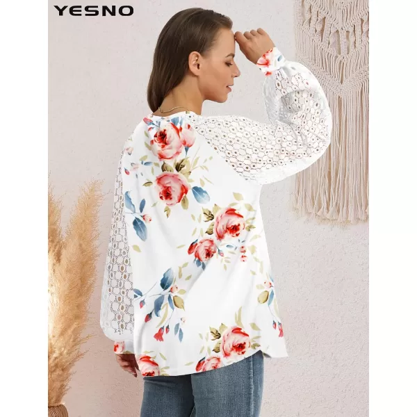 YESNO Women Trendy Blouses Casual Loose Knit Tops Pullover HollowOut Lace Long Sleeve Shirts TY3V3 Rose White