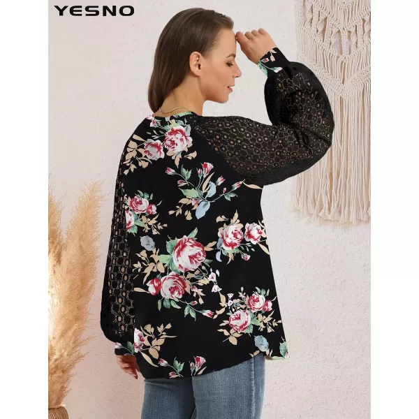 YESNO Women Trendy Blouses Casual Loose Knit Tops Pullover HollowOut Lace Long Sleeve Shirts TY3V4rose Black