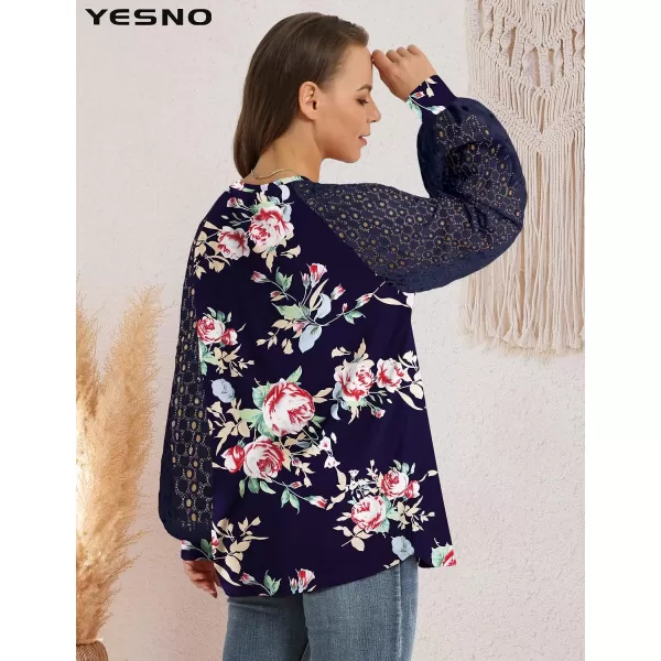 YESNO Women Trendy Blouses Casual Loose Knit Tops Pullover HollowOut Lace Long Sleeve Shirts TY3V5rose Navy