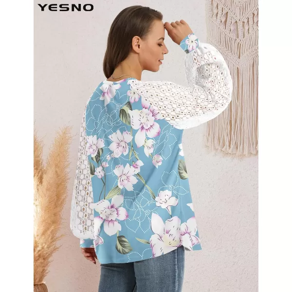 YESNO Women Trendy Blouses Casual Loose Knit Tops Pullover HollowOut Lace Long Sleeve Shirts TY3V6flower Blue