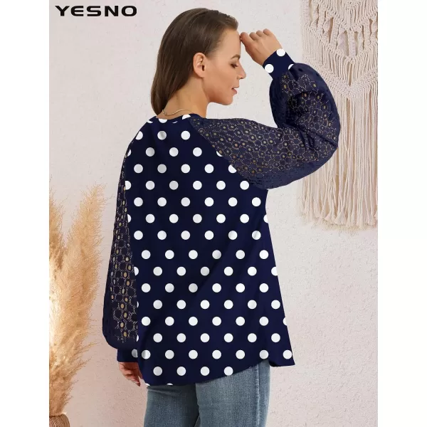 YESNO Women Trendy Blouses Casual Loose Knit Tops Pullover HollowOut Lace Long Sleeve Shirts TY3V7navy Blue Dots