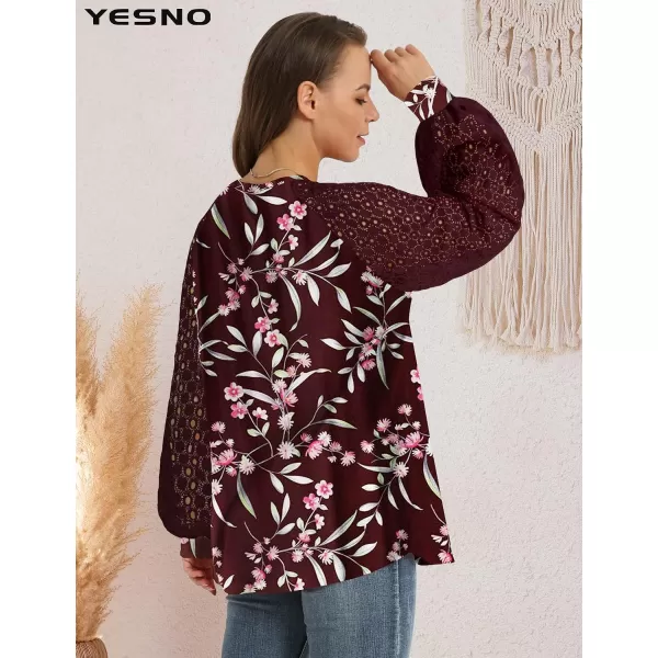 YESNO Women Trendy Blouses Casual Loose Knit Tops Pullover HollowOut Lace Long Sleeve Shirts TY3V8grass Wine