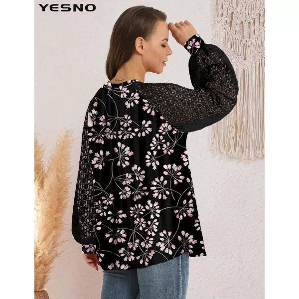 YESNO Women Trendy Blouses Casual Loose Knit Tops Pullover HollowOut Lace Long Sleeve Shirts TY3V9flower Black