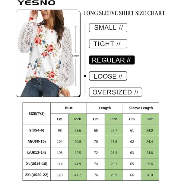 YESNO Women Trendy Blouses Casual Loose Knit Tops Pullover HollowOut Lace Long Sleeve Shirts TY3V9flower Black