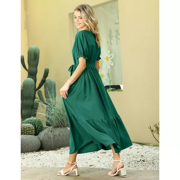 YESNO Womens 2023 Summer Casual Square Neck Floral Dress Ruffle Puff Short Sleeve Belted Maxi Dress with Pockets E16Dark Green