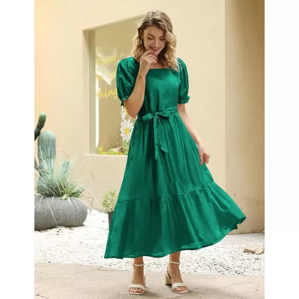 YESNO Womens 2023 Summer Casual Square Neck Floral Dress Ruffle Puff Short Sleeve Belted Maxi Dress with Pockets E16Dark Green