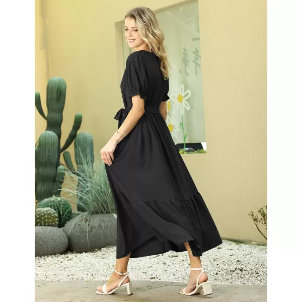 YESNO Womens 2023 Summer Casual Square Neck Floral Dress Ruffle Puff Short Sleeve Belted Maxi Dress with Pockets E16E16 Black