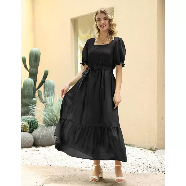 YESNO Womens 2023 Summer Casual Square Neck Floral Dress Ruffle Puff Short Sleeve Belted Maxi Dress with Pockets E16E16 Black